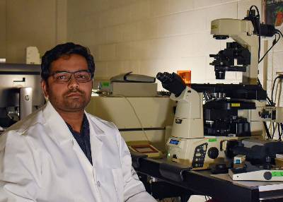 Deepak Bhandari uses microscopes to study Arabidopsis thaliana for his research under this grant. 