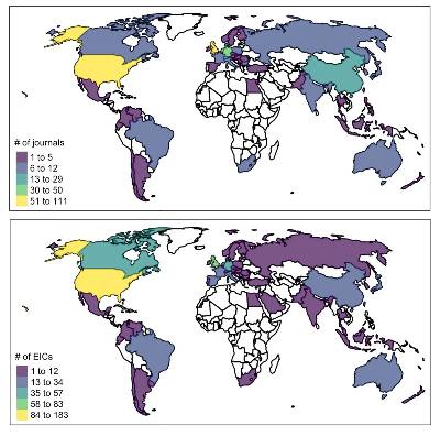 A series of maps showing the number of journals and their editors-in-chiefs and where they are located across the world. 